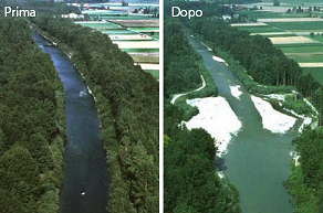 River restoration project, with river banks drifting in order to restore river space (Emme river, Switzerland - Foto rielaborata da: Requena P., Weichert R.B. & Minor H.-E., 2006).